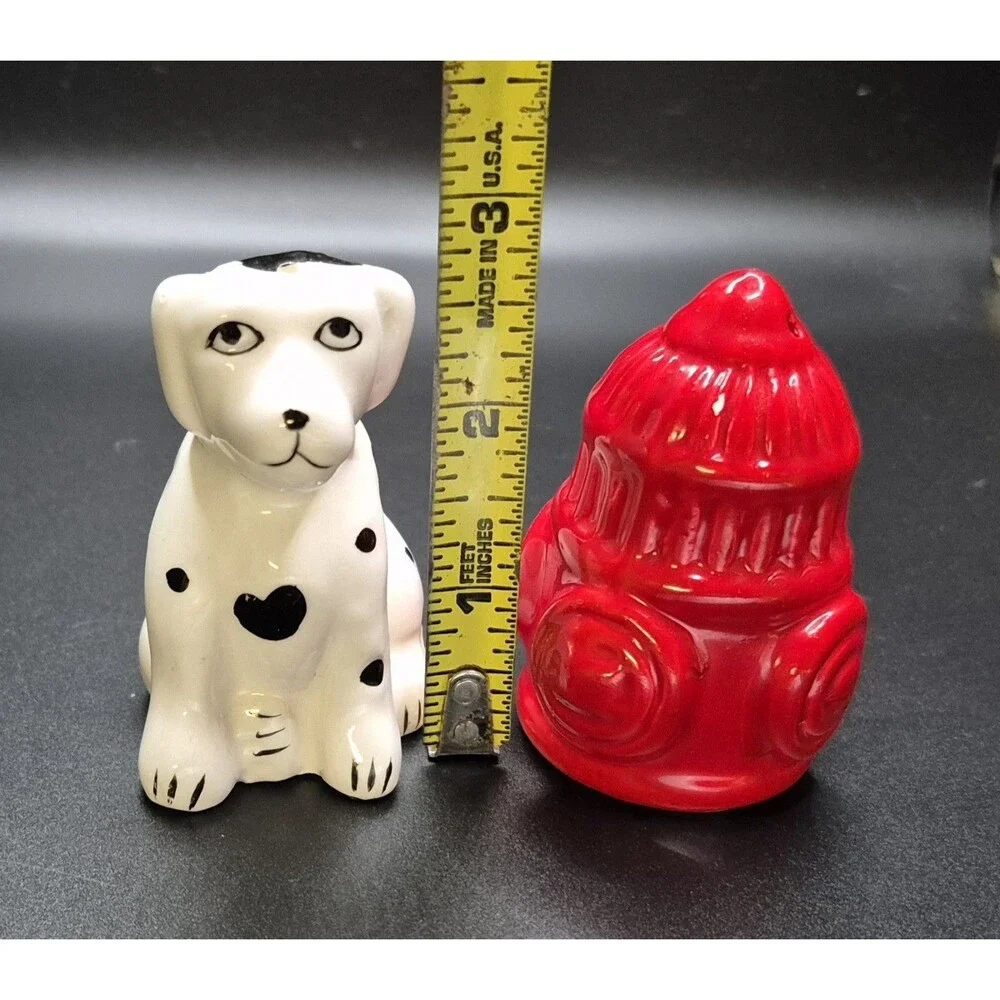 Vintage Salt & Pepper Shakers Figural Dalmation Dog + Fire Hydrant FireFighter
